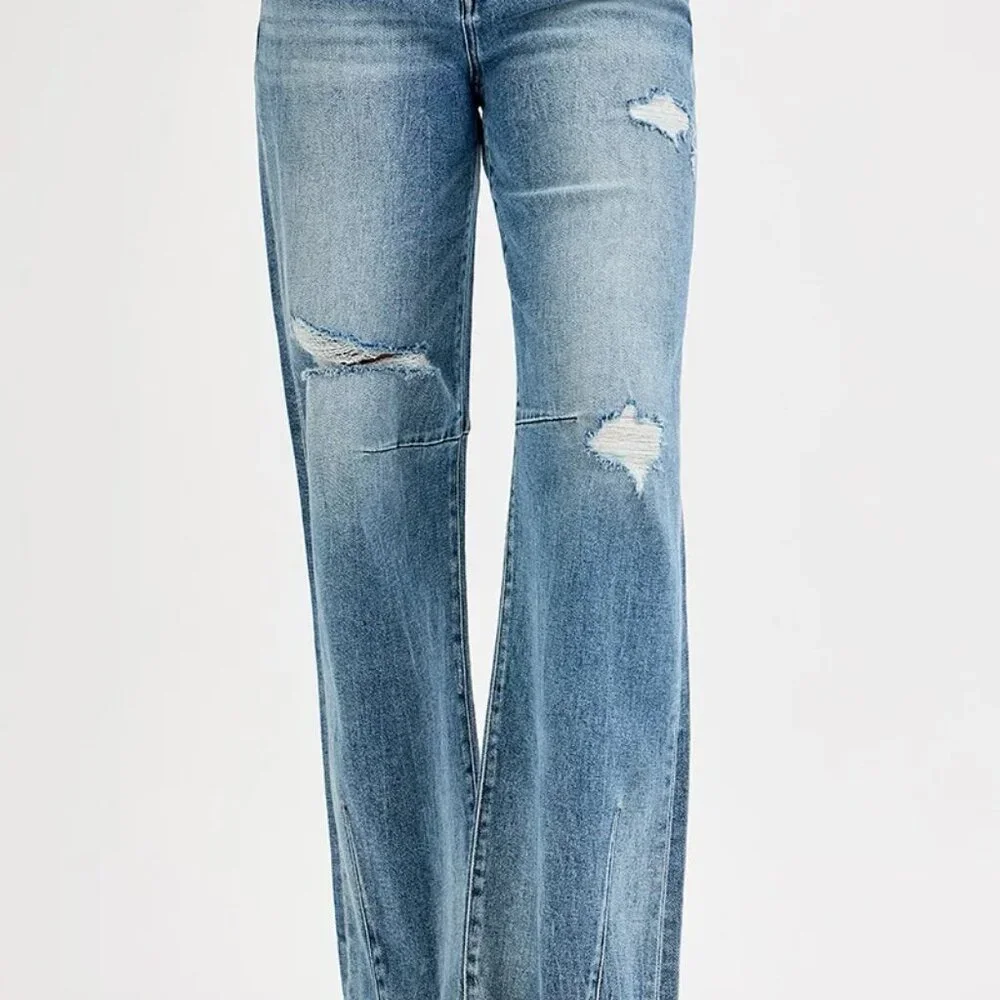 RISEN Full Size‎ Mid Rise Fit Wide Baggy Leg Tie Washed Jeans Plus Size